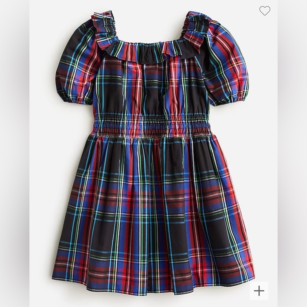 J.Crew Crewcuts Girls' puff-sleeve dress in black Stewart tartan size 8